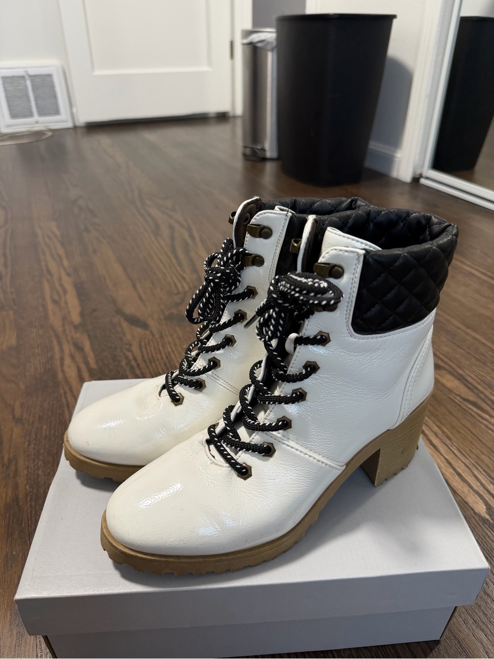 Charlotte Russe White Lace-Up Quilted Collar Block Heel Boots